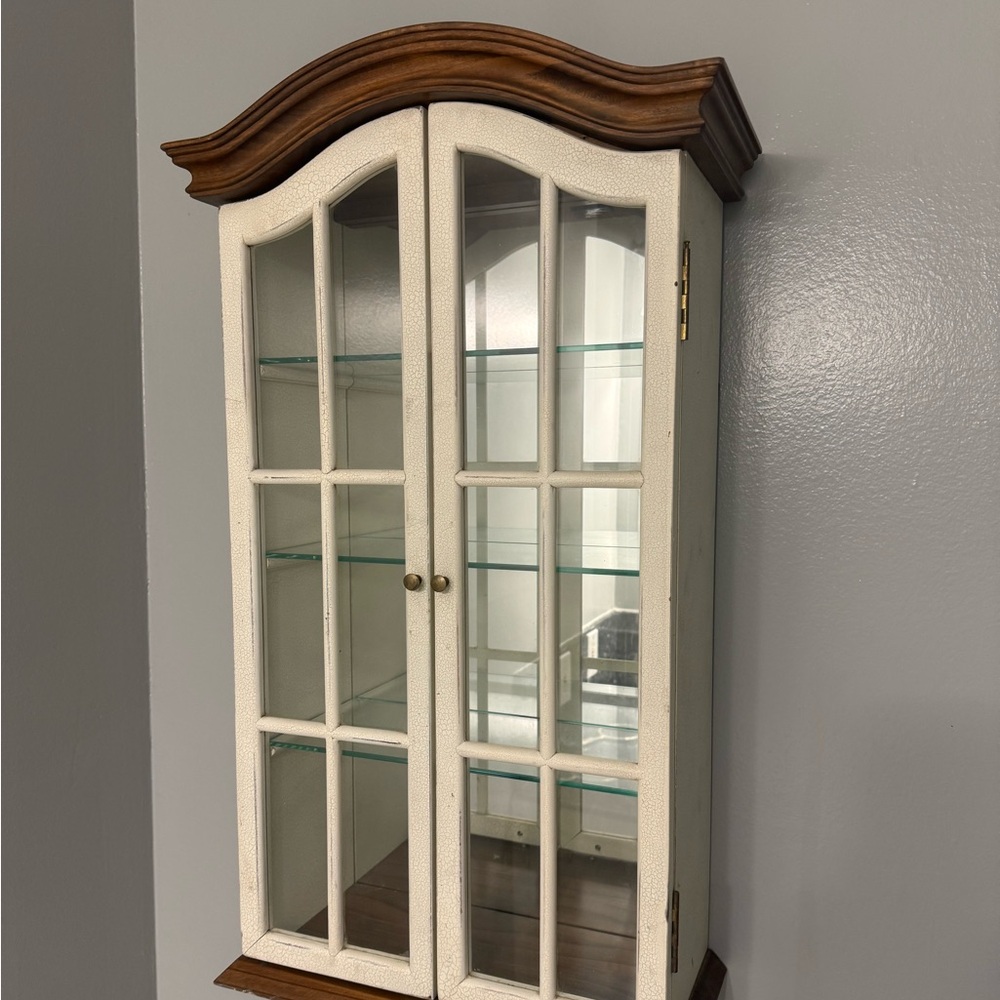 Vintage Arched White and Brown Cabinet - Glass Display Shelves